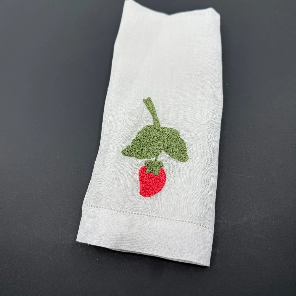 Vintage,Unused White Madeira Linen , Embroidered Berry Finger Tip Guest Towel